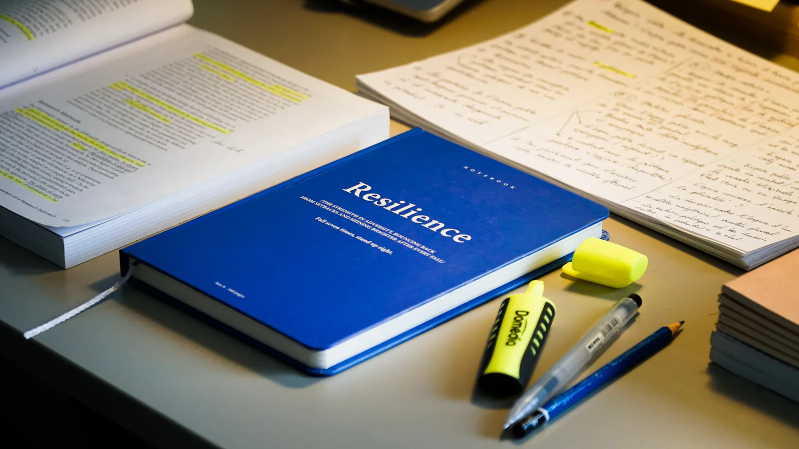 Cahier ouvert avec matériel d'étude et stylos - collecte de données client