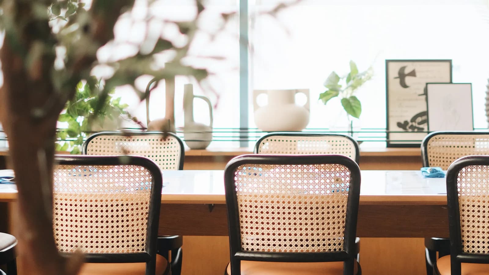 Intérieur de restaurant lumineux avec table et plante - illustration ambiance pizzeria