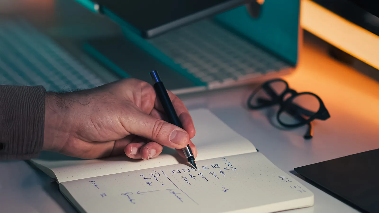 Main qui prend des notes dans un carnet sur un bureau - analyse mots-clés